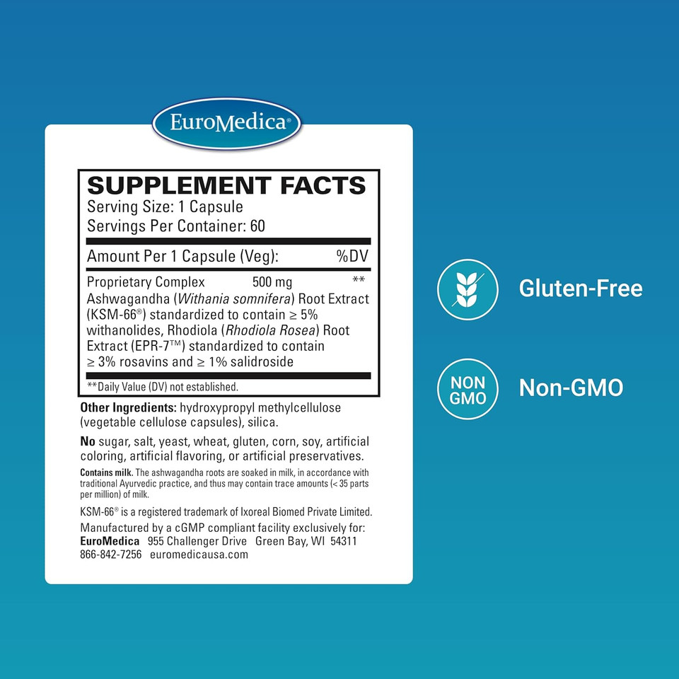 Euromedica Ashwagandha Complex - Supplement To Support Adrenal Health - Ashwagandha Supplement With Rhodiola Rosea Extract - Herbal Supplement To Support Energy & Concentration - 60 Capsules