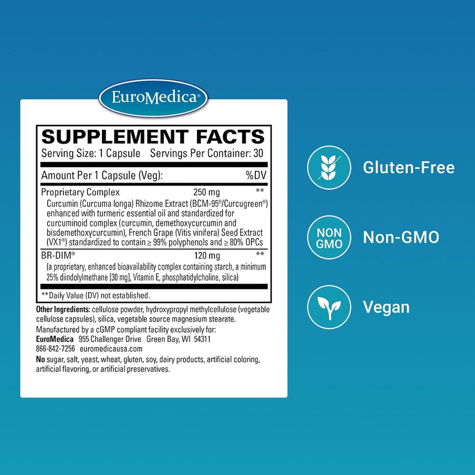 Euromedica Dim + Curcumin - Estrogen Balance Support Supplement - Dietary Supplement With Curcumin & Grape Seed Extract - Turmeric Essential Oil For Healthy Metabolism Support - 30 Capsules