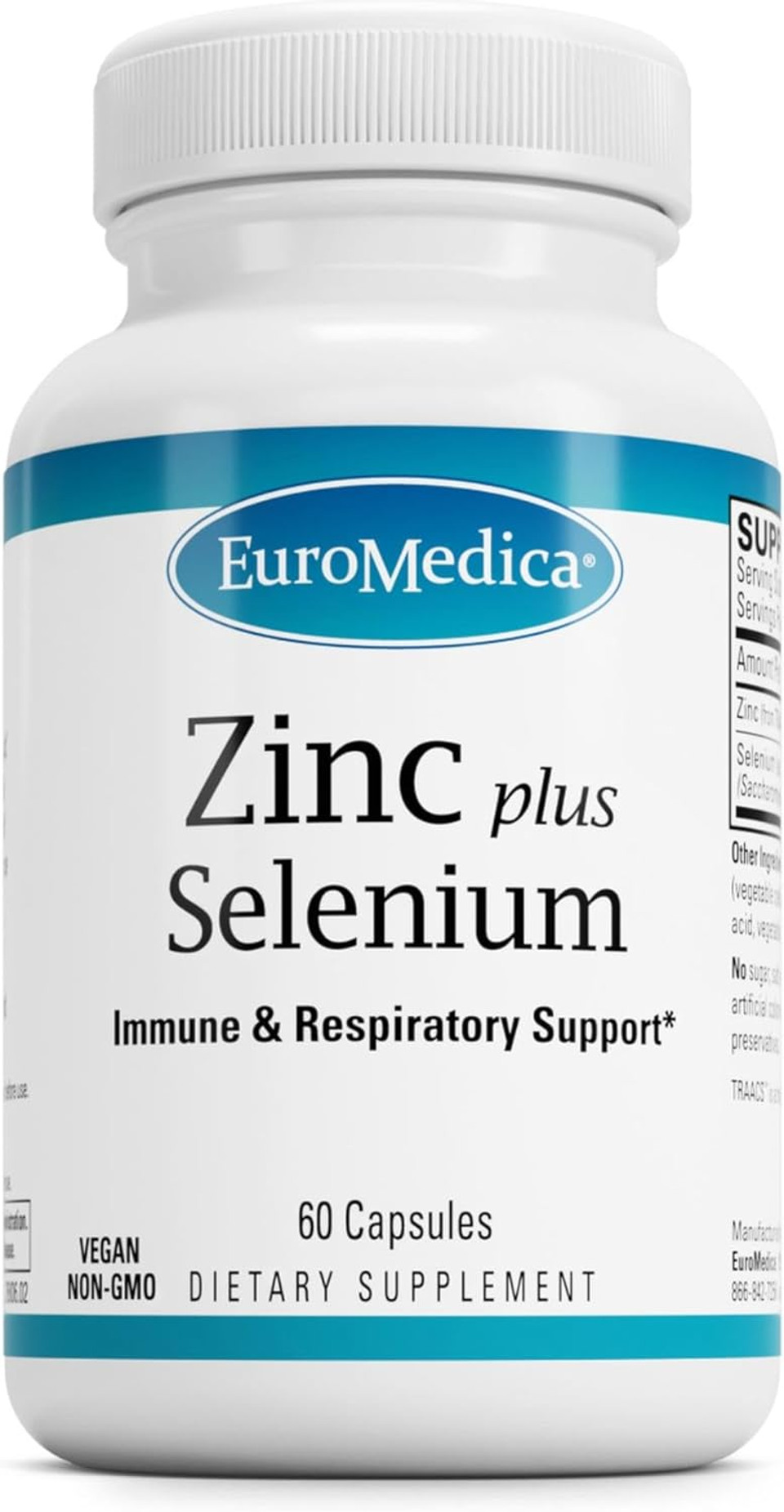 Euromedica Zinc Plus Selenium - Immune & Respiratory Health Support Supplement - Mineral Supplement With Zinc Bisglycinate Chelate - Formula With Selenium For Cellular Health Support - 60 Capsules
