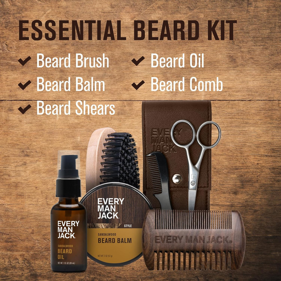Every Man Jack Beard Grooming Kit For Men - Includes Sandalwood Beard Oil & Beard Balm, Beard Brush, Wooden Dual-Sided Comb, Trimming Scissors And Mustache Comb