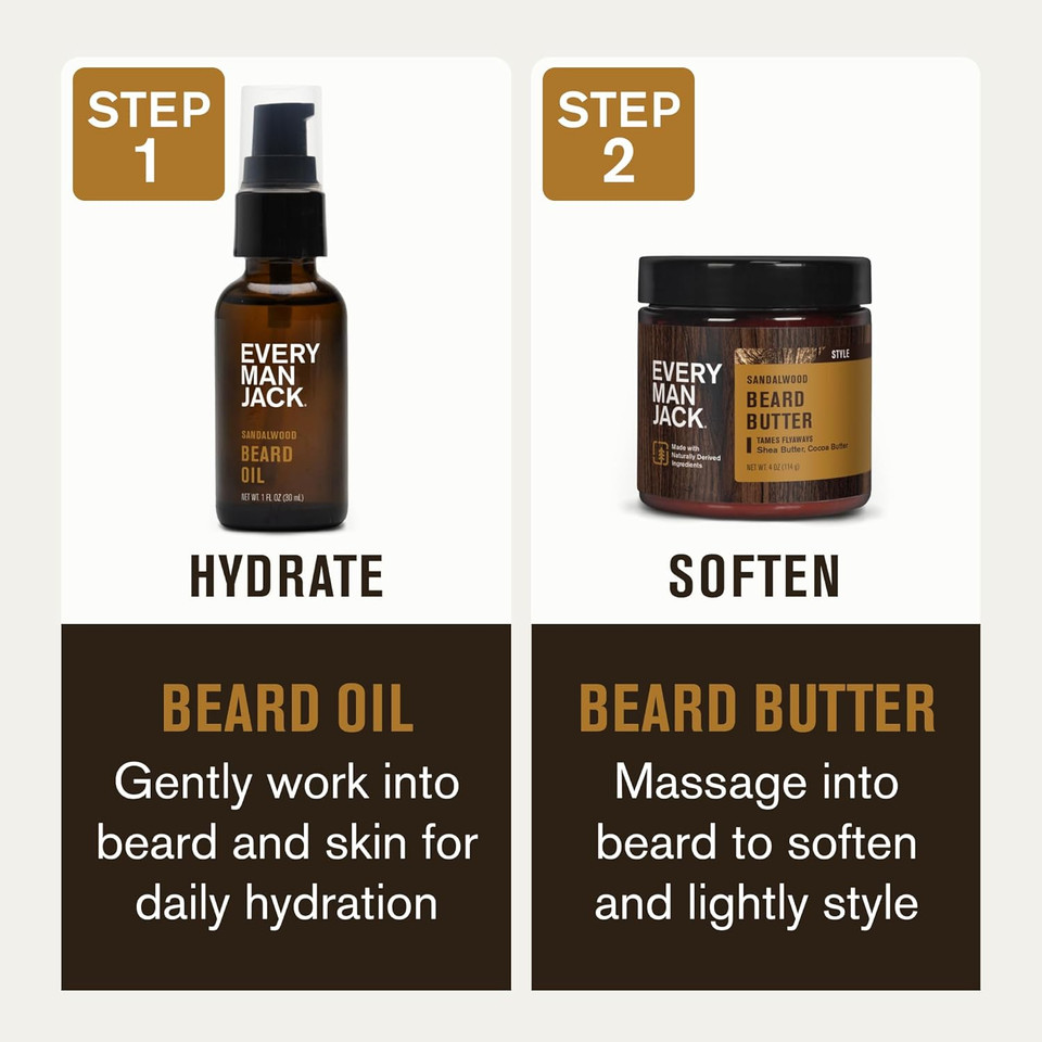 Every Man Jack Beard Oil & Beard Butter Bundle - Sandalwood Fragrance - Rejuvenates, Hydrates & Styles Dry Beards - Naturally Derived With Cocoa Butter And Shea Butter