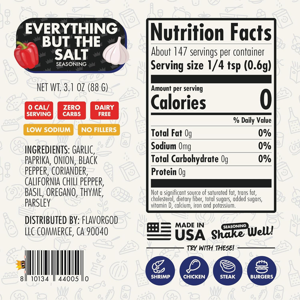Everything But The Salt Seasoning Mix, 2 Bottles By Flavor God - Premium All Natural & Healthy Spice Blend For Chicken, Tacos, Salads & Pastas - Kosher, Low Sodium, Dairy-Free