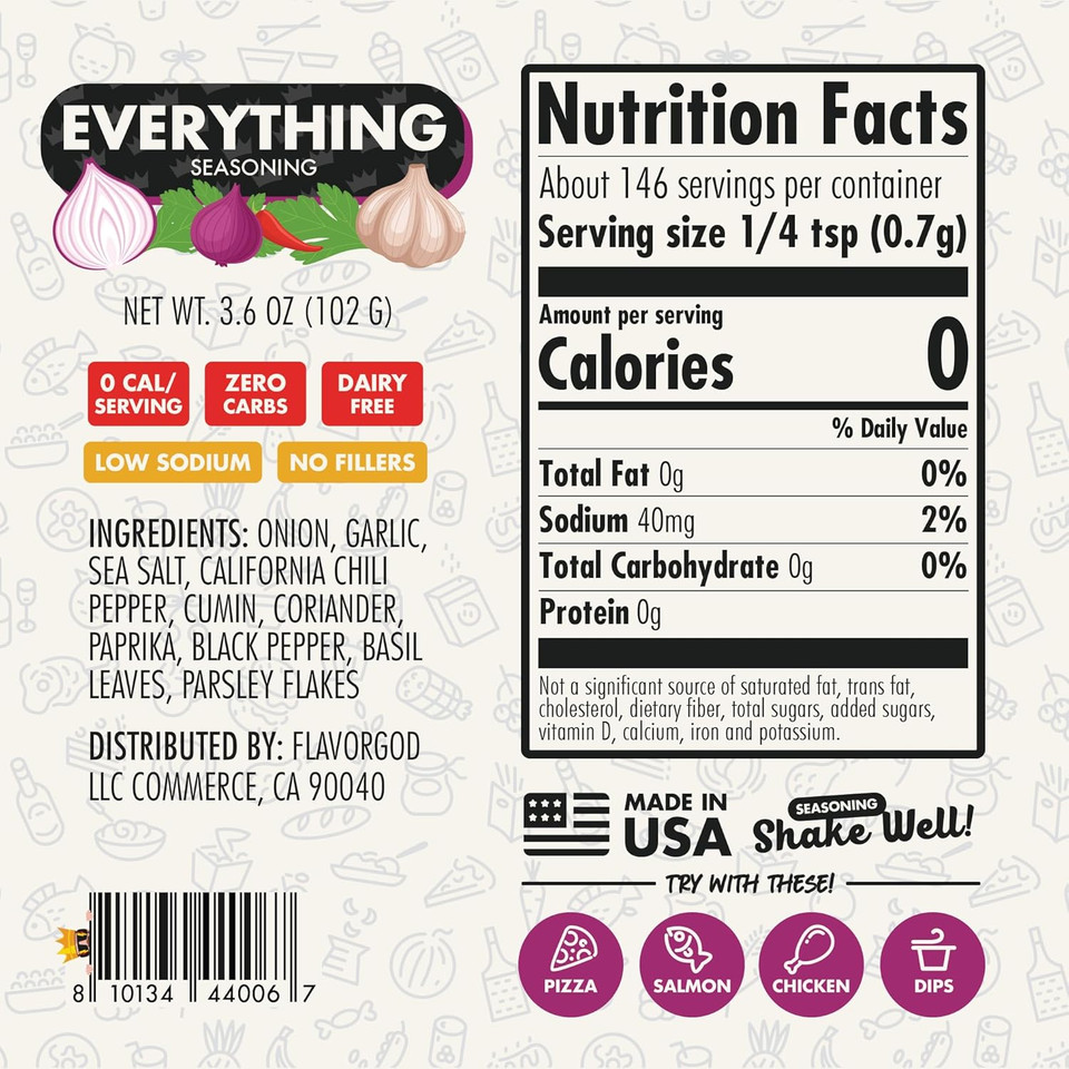 Everything Seasoning Mix By Flavor God - Low Sodium Seasoned Salt W/No Sugar, Non Gmo, Keto, Popcorn Seasoning Kosher Salt For Chicken, Steak, & Tacos - Healthy Herbs, & Spices Substitute