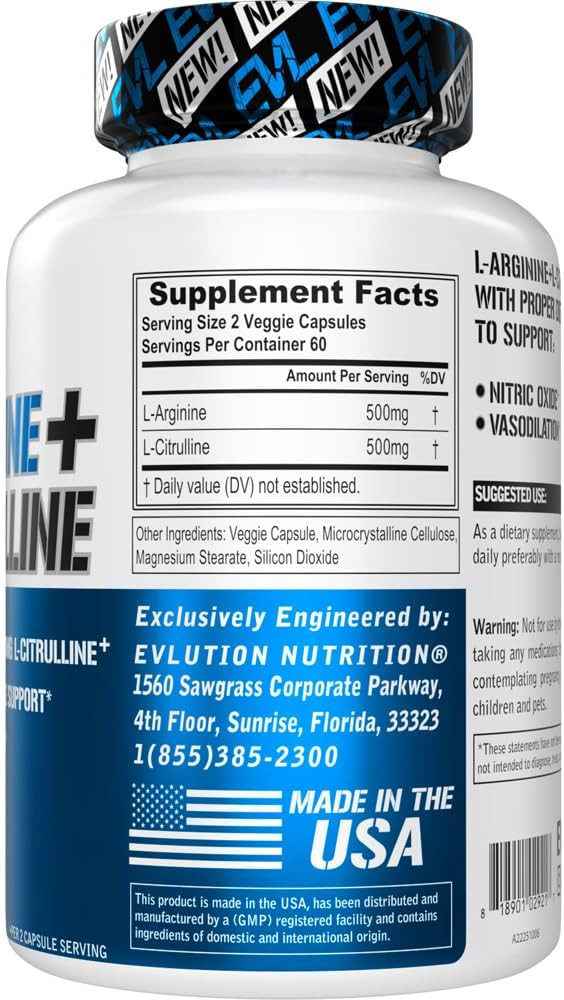 Evlution Nutrition L-Arginine + L-Citrulline - Endurance + Workout Performance Supplement - 1000Mg Complex - Vasodilation + Nitric Oxide Support - Vegan + Gluten Free Capsules - 60 Servings