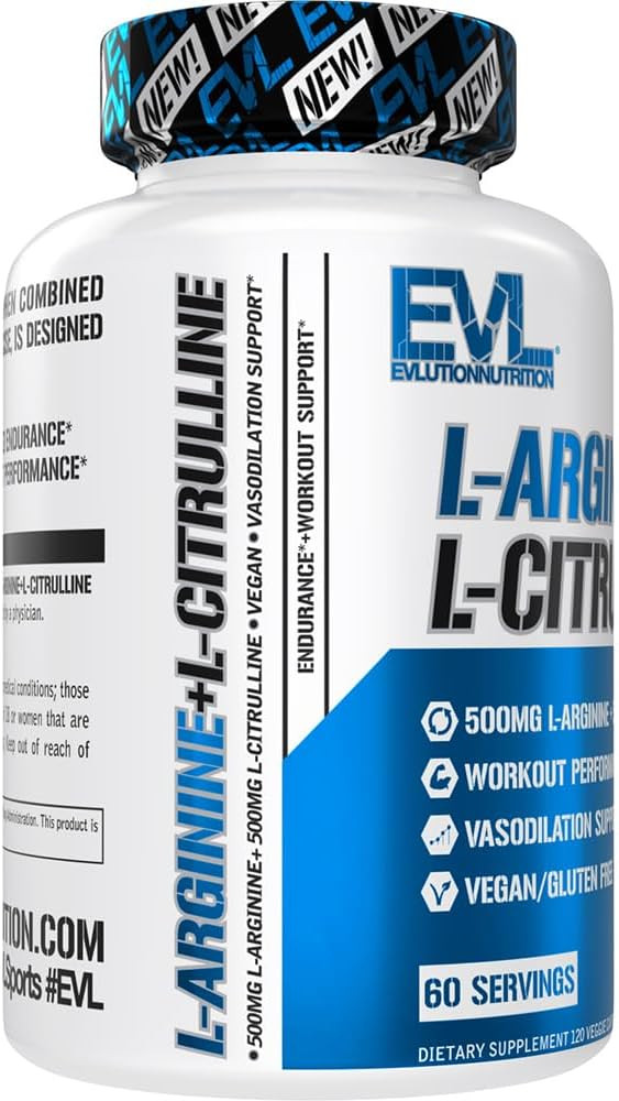 Evlution Nutrition L-Arginine + L-Citrulline - Endurance + Workout Performance Supplement - 1000Mg Complex - Vasodilation + Nitric Oxide Support - Vegan + Gluten Free Capsules - 60 Servings