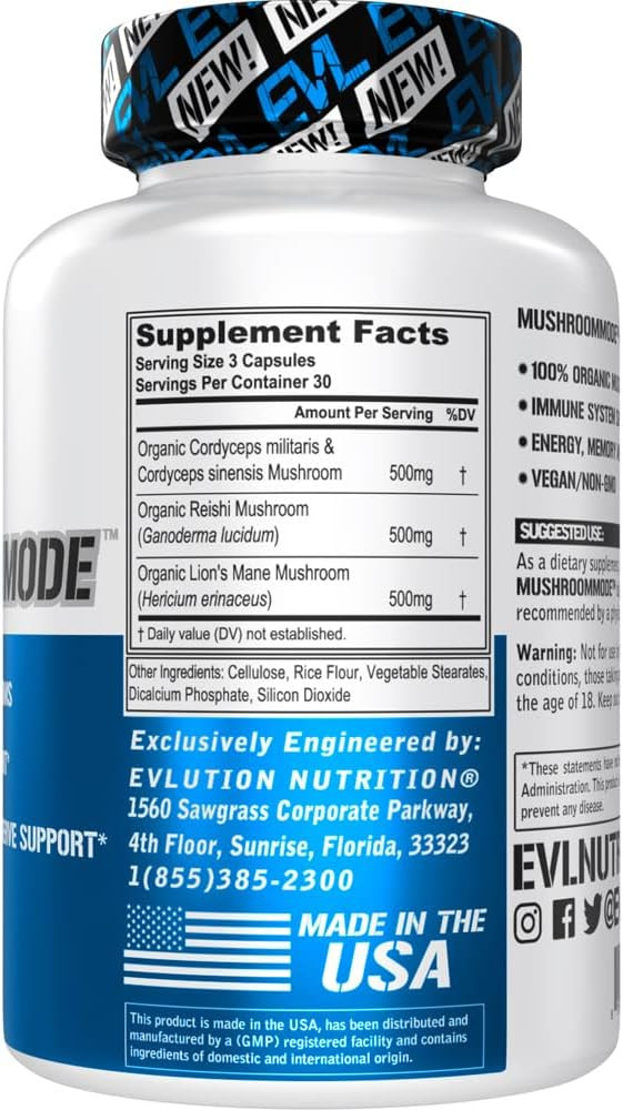 Evlution Vegan Organic Mushroom Supplement Capsules - Organic Lions Mane Mushroom Capsules With Cordyceps And Reishi Blend - Nootropics Brain Support Supplement For Focus And Energy - 30 Servings