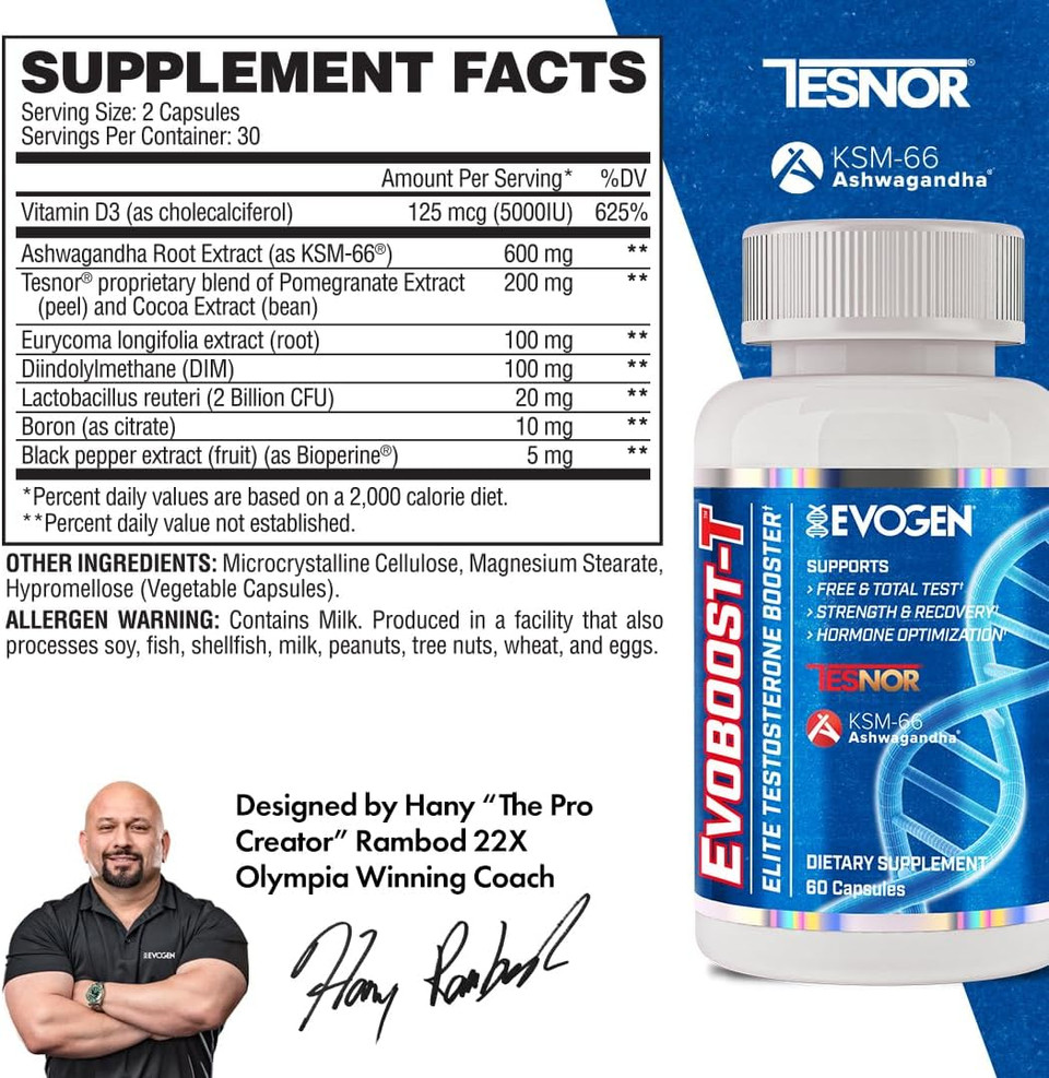 Evogen Evoboost-T - Elite Testosterone Booster For Men | Testosterone Supplement For Men Supporting Free & Total Testosterone, Strength, & Hormone Optimization | Ashwagandha, Tesnor, Dim | 60 Capsules