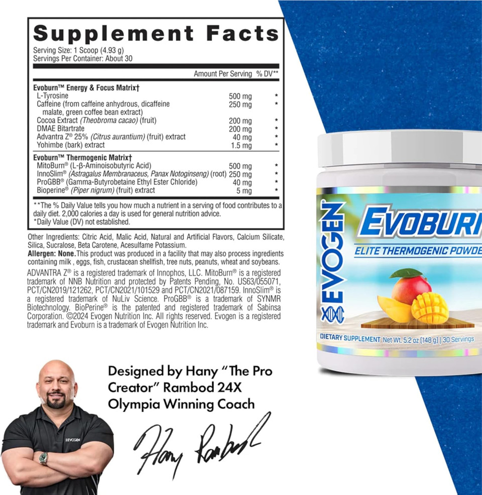Evogen Evoburn - Thermogenic Fat Burner For Men & Women | Energy, Focus, & Appetite Control | Advanced Metabolism Booster Fat Burner Formula With Mitoburn & Caffeine | Mango | 30 Servings