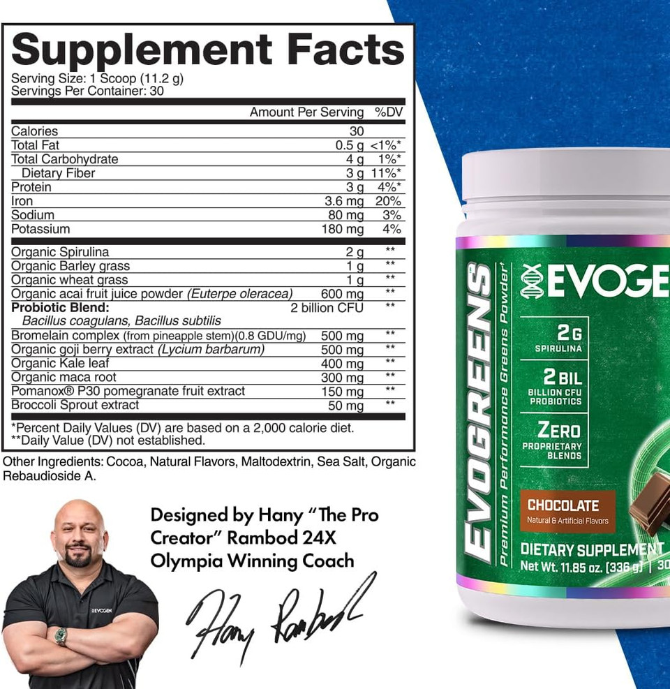 Evogen Evogreens | Premium Performance Greens Superfood, Spirulina, Pomegranate, Probiotics, Kale | 30 Servings (Chocolate, 30 Servings)