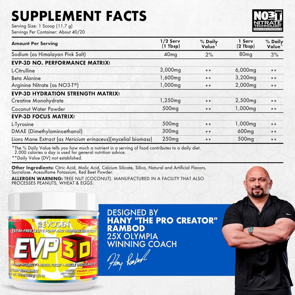 Evogen Evp 3D - Stim Free Pre Workout Powder For Men & Women | Sugar Free Non Stim Preworkout With Beta Alanine And Creatine For Energy & Pump | Strawberry Lemonade | 40 Servings