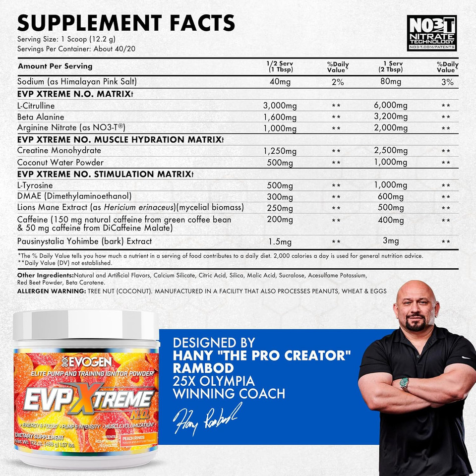 Evogen Evp Xtreme No - Pre Workout Powder For Men & Women | Sugar Free Preworkout With Beta Alanine, Creatine, And Caffeine For Energy & Pump | Peach Rings | 40 Servings