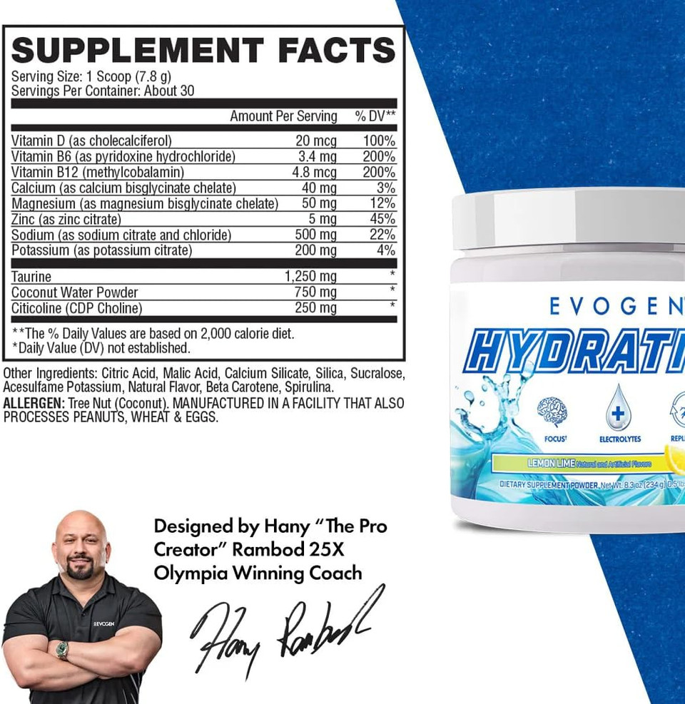 Evogen Hydration - Full Spectrum Electrolytes Powder | Sugar-Free Electrolyte Powder Supplement For Hydration, Energy, And Recovery | Coconut Water, B Vitamins, Potassium | Lemon Lime | 30 Servings