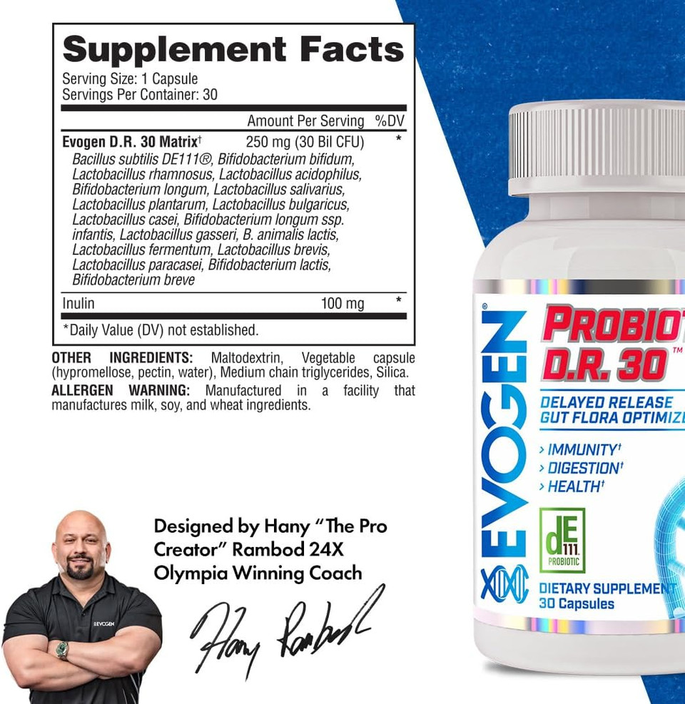 Evogen Probiotic D.R. 30 | Delayed Release Gut Flora Optimizer | Supports Immunity, Digestion, & Health | 30 Billion Cfus | 30 Capsules