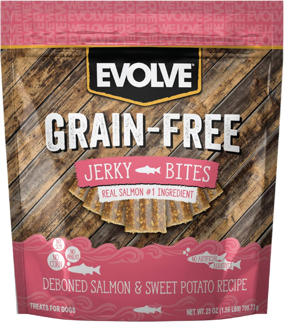 Evolve Grain Free Deboned Salmon And Sweet Potato Jerky Bites Dog Treats, 25Oz