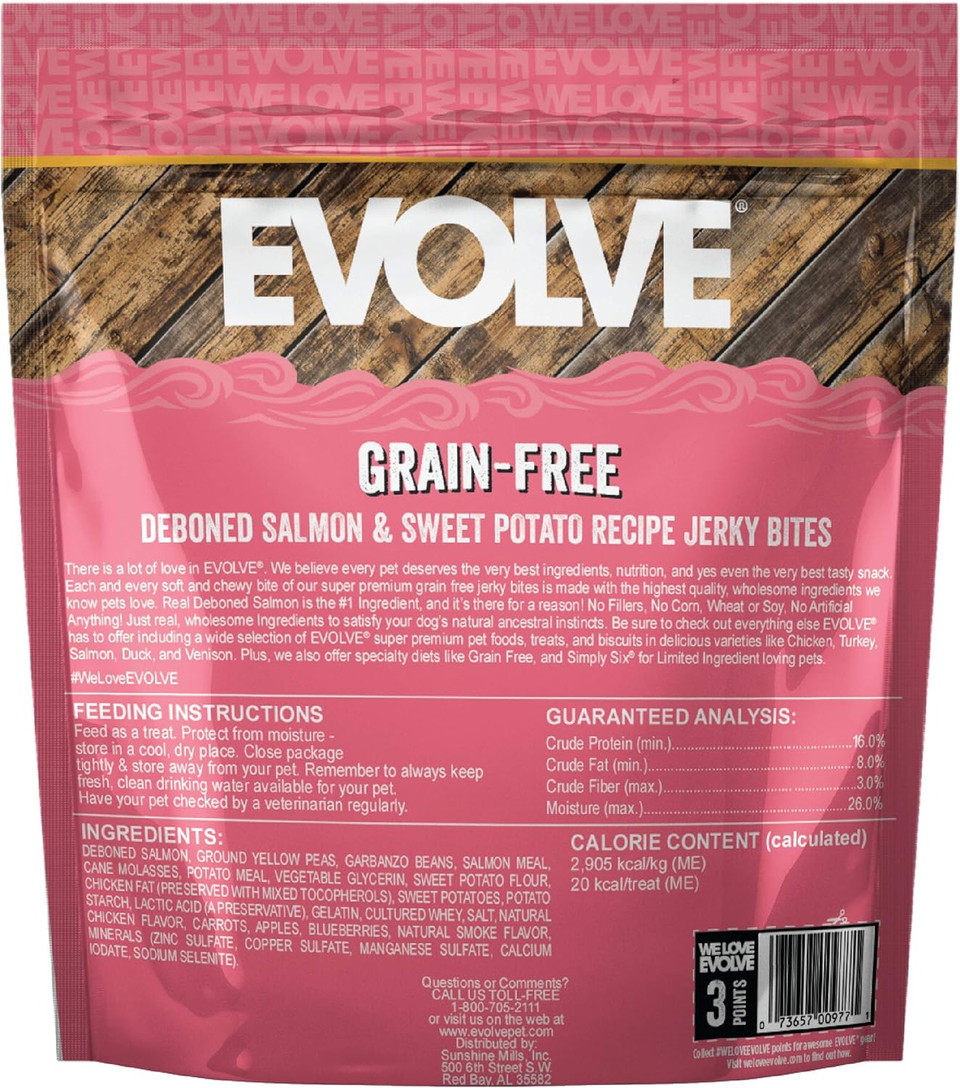 Evolve Grain Free Deboned Salmon And Sweet Potato Jerky Bites Dog Treats, 25Oz