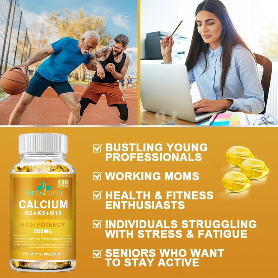 Extra Strength 4-In-1 Calcium 600Mg + Vitamin D3 5000Iu + K2 + B12 Natural Supplement Complex For Bone And Immune Health, 120 Softgels, 60 Day Supply
