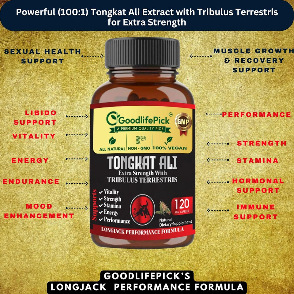 Extra Strength Tongkat Ali With Tribulus Terrestris. Powerful (100:1) Longjack/Tongkat Ali Extract. 120 Veg Capsules Tongkat Ali For Men.All Natural, Non-Gmo,Vegan, No Stearate, No Rice Powder
