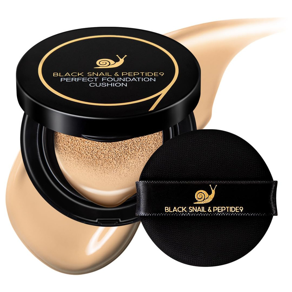 Farmstay Black Snail & Peptide 9 Perfect Cushion Foundation | Full Coverage, Lightweight, Skin-Fit, Smooth Radiant Finish, Korean Cushion Foundation (#25 Sand Beige, 0.53 Fl Oz)