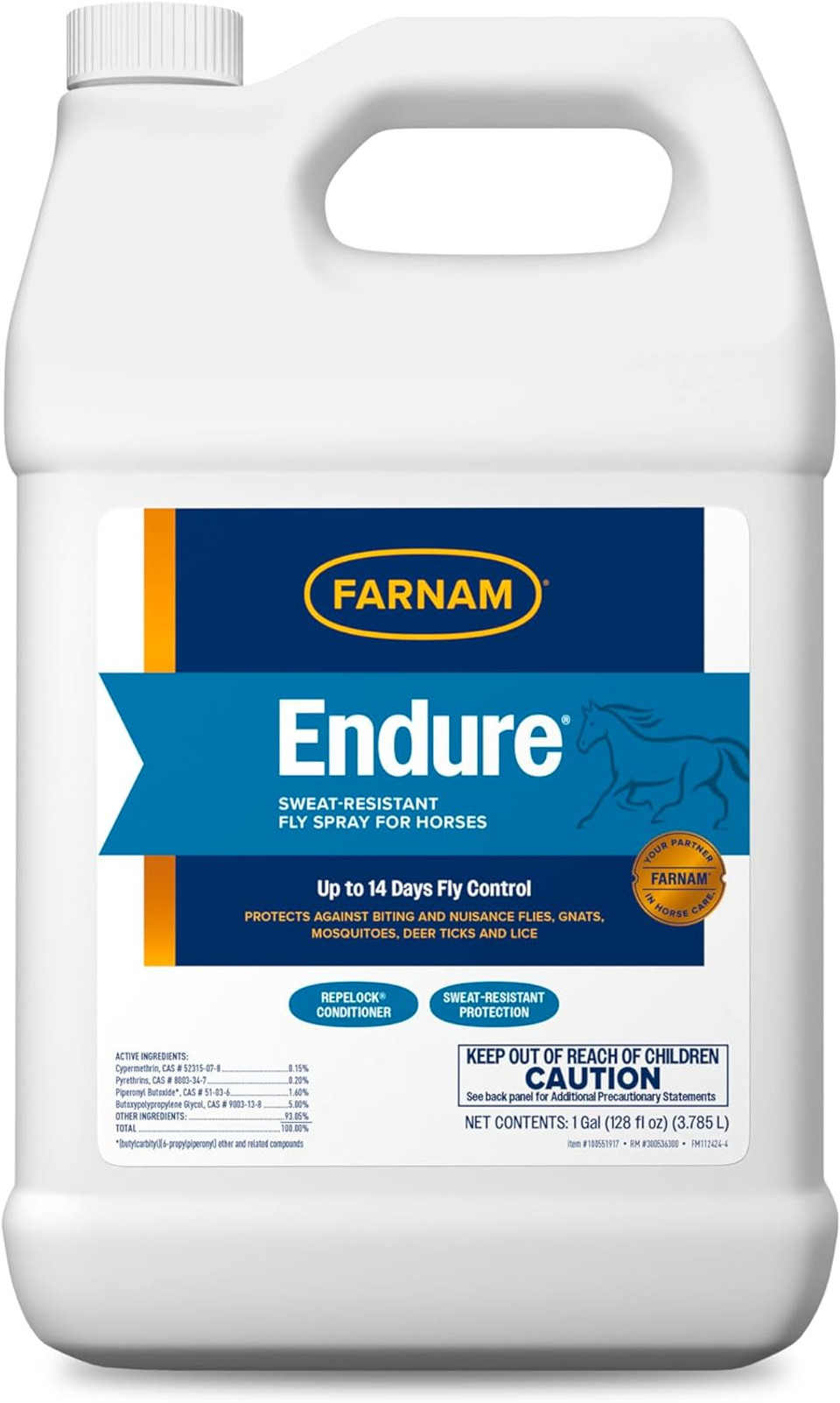 Farnam Endure Sweat-Resistant Fly Spray For Horses, Lasts Up To 14 Days, Protects Against Flies, Gnats, Mosquitoes, Ticks & Lice, 128 Oz