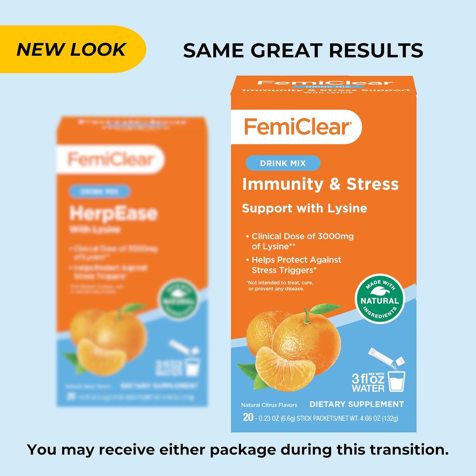 Femiclear Herpease With L-Lysine 3000Mg Dietary Supplement Drink Mix With Zinc 11Mg Vitamins A And C 900Mg Sensoril Ashwaganda 250Mg Stevia Extract 60Mg