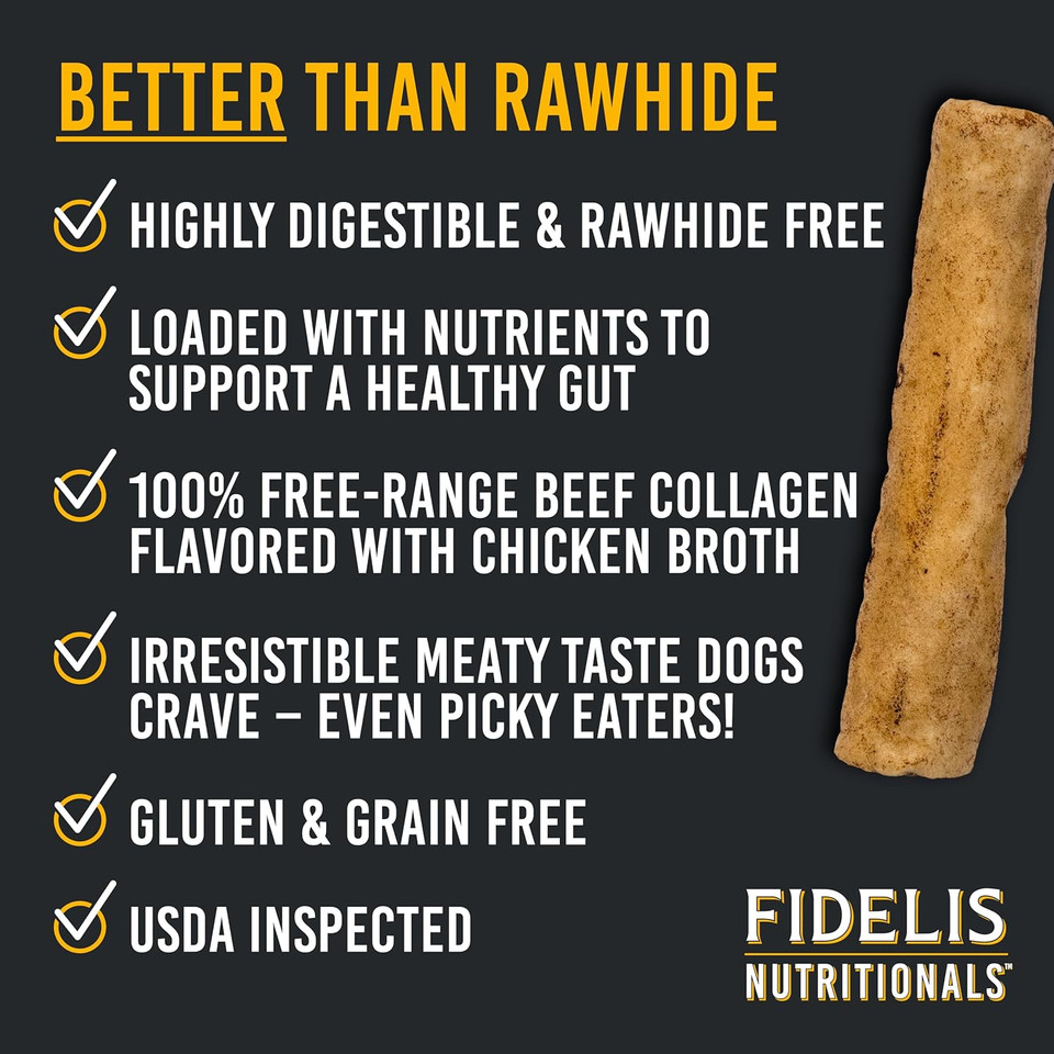 Fidelis Rawhide Free Dog Chews Long Lasting, Treat Sticks, Dog Treats, Small & Large Dogs, Beef Collagen, Gluten Free, Grain Free, Pet Chew, Bones-Alternative, Made In Usa, 4Pk, Chicken, 10"