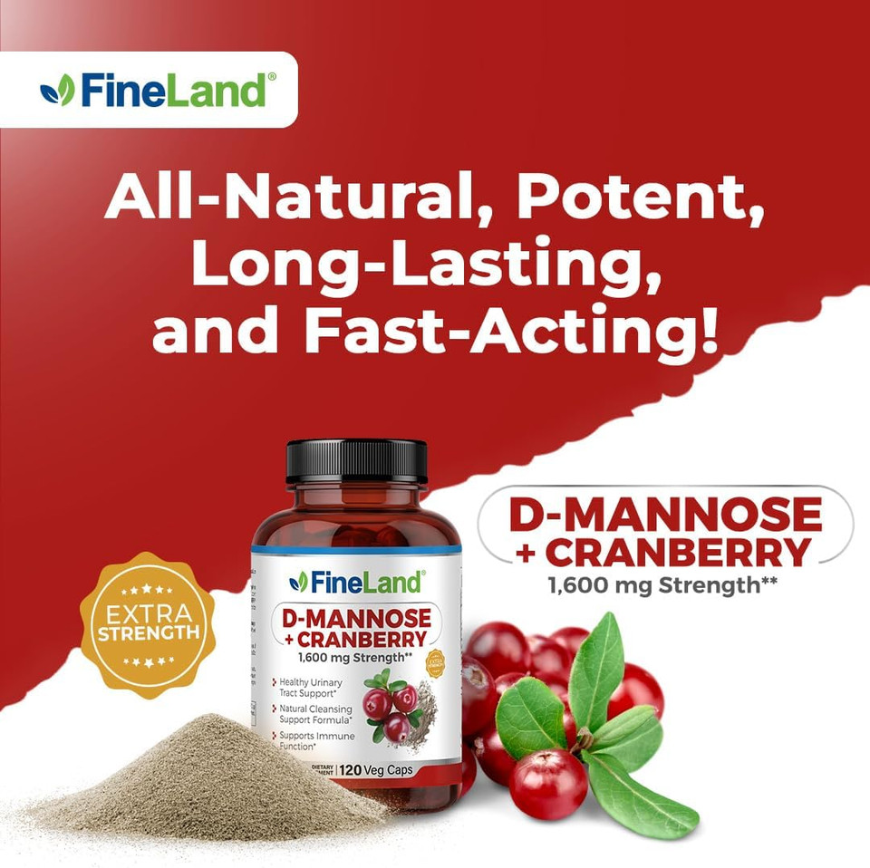 Fineland D-Mannose + Cranberry  1600Mg Per Serving  120 Vegan Capsules  Urinary Tract & Bladder Health Support  Non-Gmo, Gluten-Free, Made In Usa