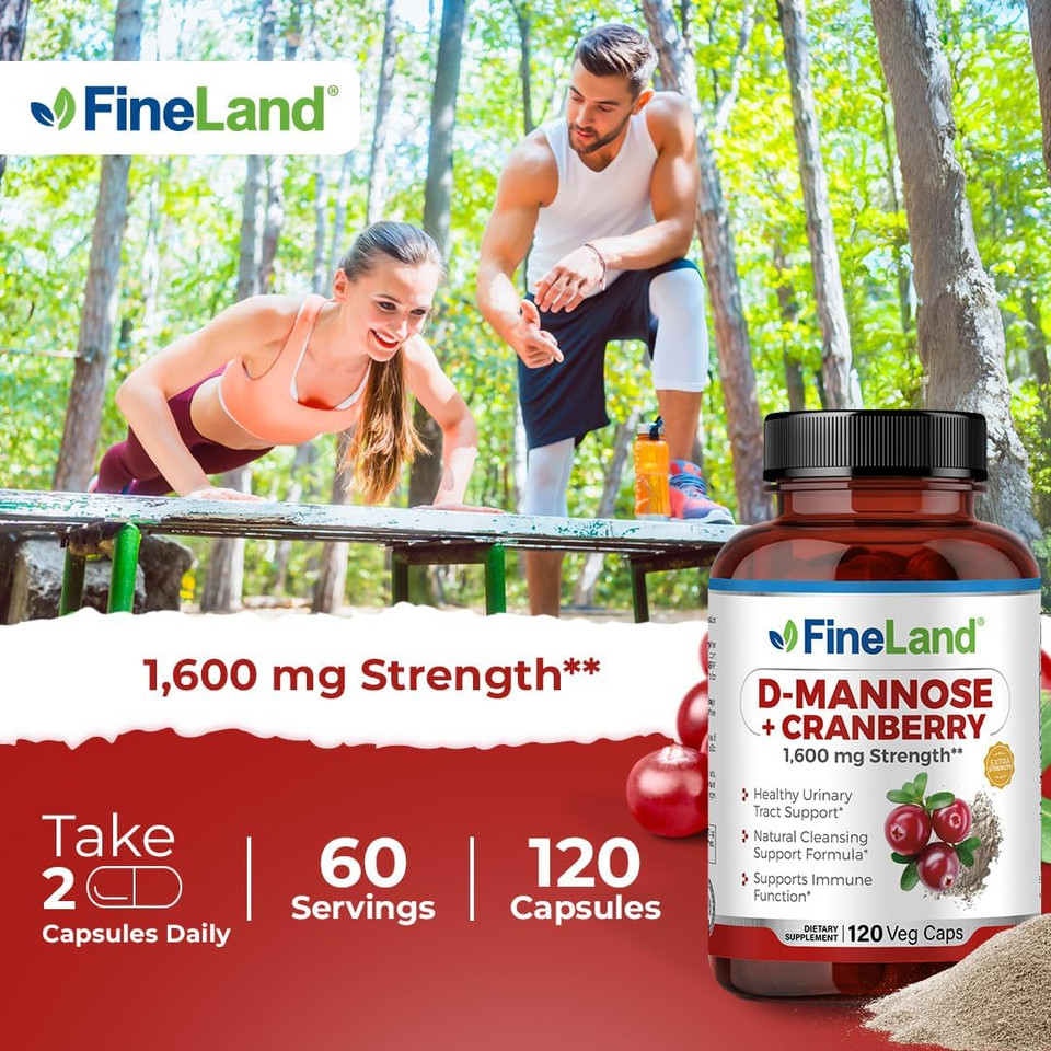 Fineland D-Mannose + Cranberry  1600Mg Per Serving  120 Vegan Capsules  Urinary Tract & Bladder Health Support  Non-Gmo, Gluten-Free, Made In Usa