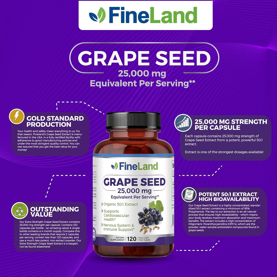Fineland Grape Seed Extract 50:1  25,000Mg Equivalent Per Capsule  120 Vegan Capsules  Rich In Antioxidants | Heart, Immune & Circulation Support  Non-Gmo | Made In Usa