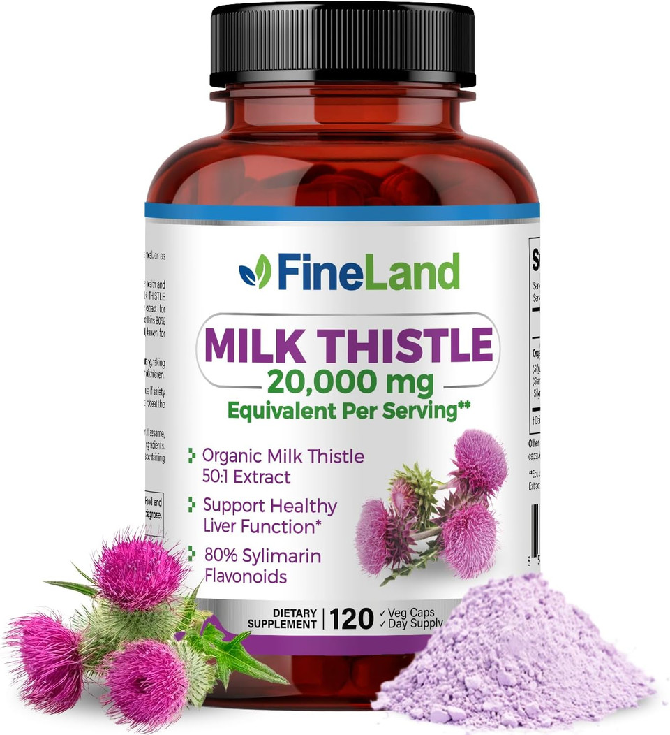 Fineland Milk Thistle Pills 50:1 Extract  120 Vegan Capsules - 20,000 Mg Strenght With 80% Silymarin Flavonoids  Liver & Antioxidant Support | 50X Concentrated Seed Extract - Non-Gmo, Made In Usa