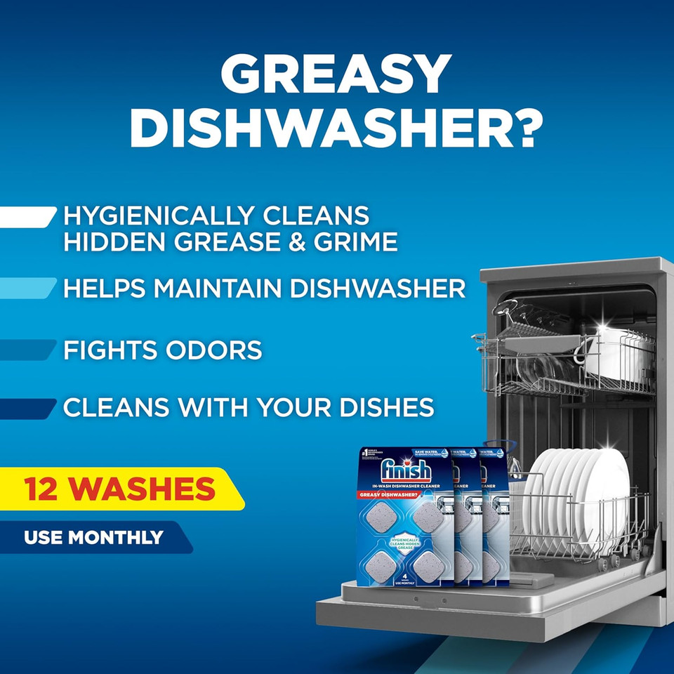 Finish Dishwasher Cleaner Tablets, Deep Cleans Hidden Grease & Grime, Fights Odors, No Extra Wash Cycle, Helps Maintain Dishwasher, 4 Month Supply, 4 Count