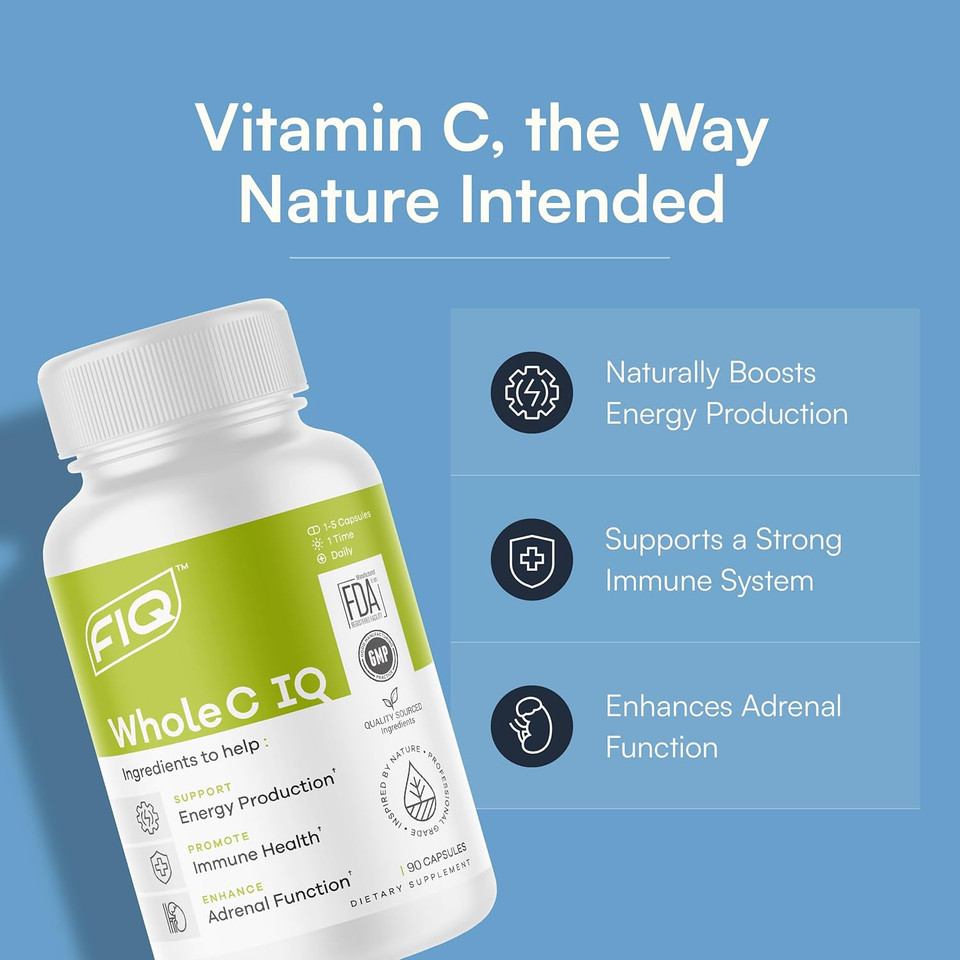 Fiq - Whole C Iq - Natural Vitamin C Supplements With Amla Fruit Extract - Iron, Energy, & Immune Support From Whole Food Sources - High Absorption Vitamin C Capsules - 90 Capsules