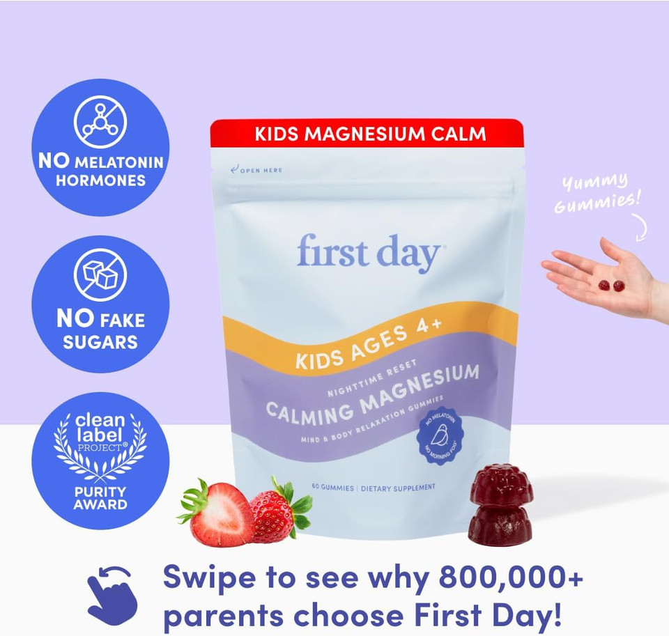 First Day Magnesium For Kids Gummies  Calm Kids Magnesium Citrate Gummies To Support Sleep & Relaxation  Bedtime Supplement With Suntheanine® L-Theanine, No Melatonin - Strawberry - 30-Day Supply