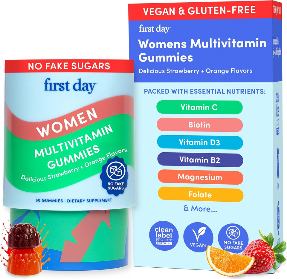 First Day Multivitamin For Women - Daily Womens Multivitamin Gummies - Vitamin A C D E B12, Magnesium, Zinc, Biotin  Vegan, Gluten Free Womens Vitamins - Hair Growth, Skin, Energy  60 Day Supply