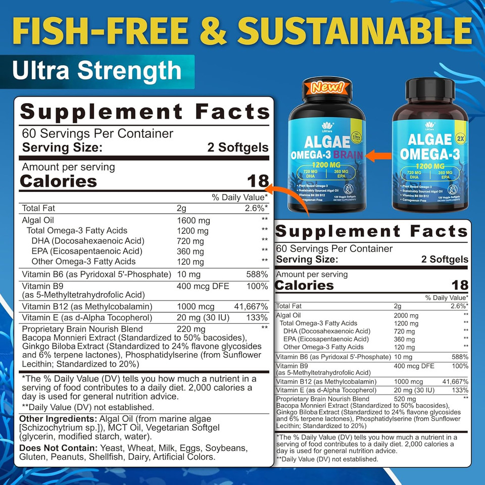 Fish Oil Alternative 1200Mg Omega 3 Supplement, Omega 3 Fish Oil Softgels W/Epa Dha, Plant Based Sustainably Sourced, Vegan Algae Science 2:1 Ratio, For Brain Eye, No Fish Taste, 120Cts