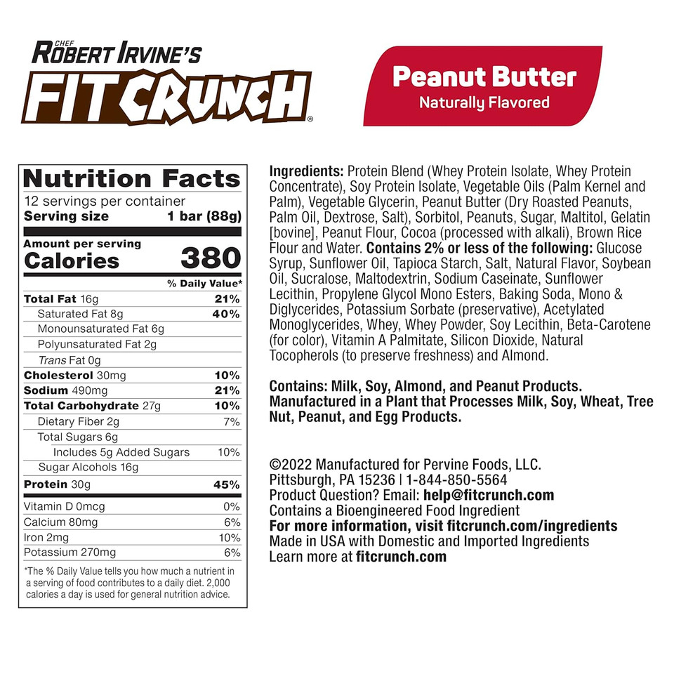 Fitcrunch Full Size Protein Bars, 6-Layer Baked Bar, 6G Of Sugar, Gluten Free & Soft Cake Core (12 Bars, Peanut Butter)