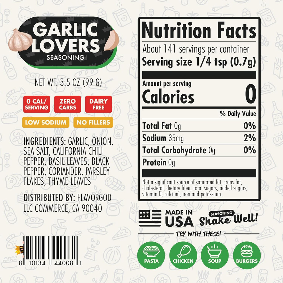 Flavor God 2 Bottles Garlic Lovers Seasoning Mix Natural Healthy Spice Blend For Grilling Chicken, Beef, Seafood, Vegetables, Salad, Tacos & Pizza, Kosher, Gluten & Dairy Free, Vegan Keto Friendly