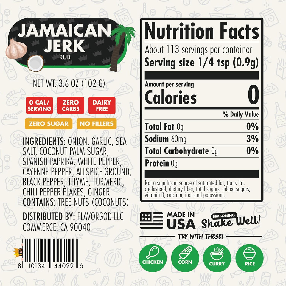 Flavor God 2 Bottles Jamaican Jerk Rub Mix Natural Healthy Spice Blend For Grilling Chicken, Beef, Seafood, Vegetables, Salad, Tacos, Pizza, Kosher, Gluten & Dairy Free, Vegan Keto Friendly Steak Rub