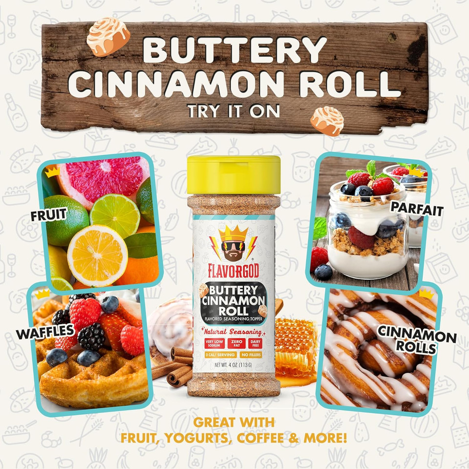 Flavor God Buttery Cinnamon Roll Seasoning Topper Mix, Natural Healthy Blend For Chocolate Donuts, Coffee, Oatmeal, Pancakes, Sandwiches, Fruit, Ice Cream, Low Sodium, Kosher, Gluten & Dairy Free