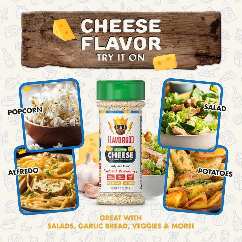 Flavor God Cheese Flavored Seasoning Mix, 2 Bottles, Premium All-Natural Spice Blend For Chicken, Seafood, Vegetables, Eggs, Ravioli, Tacos, & Pasta - Kosher, Dairy-Free, Gluten-Free, Keto Friendly