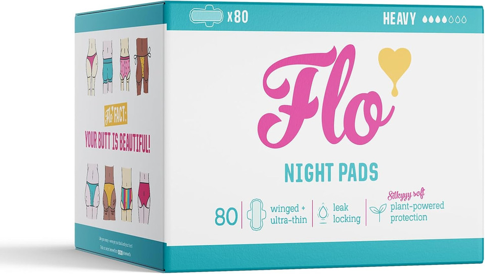 Flo Bamboo Night Period Pads With Wings (80 Pads) - Super Absorbent, Soft, Thin