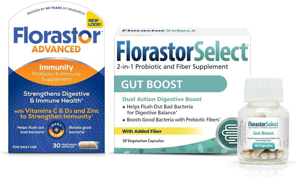 Florastor Gut & Immunity Boost Bundle - 30 Ct. Gut Boost Daily Probiotic & Prebiotic + 30 Ct. Immunity Boost & Support Daily Probiotic  Saccharomyces Bouldari For Optimal Digestion & Immunity Support