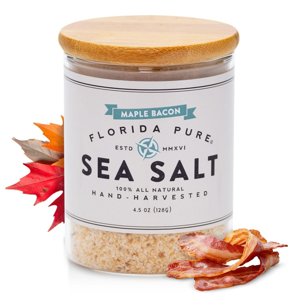 Florida Pure Maple Bacon Sea Salt - Smoky, 80+ Mineral Salt, Natural, Unrefined, Non Iodized - For Baking, Cooking, Seasoning & Enhancing Taste - Flaky Sea Salt (4.5 Oz Jar)