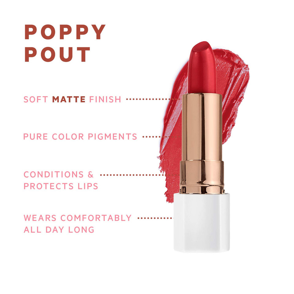 Flower Beauty Petal Pout Lipstick Cruelty Free Nourishing Highly Pigmented Lip Color With Antioxidants, Hibis-Kiss- Matte, 0.11 Oz