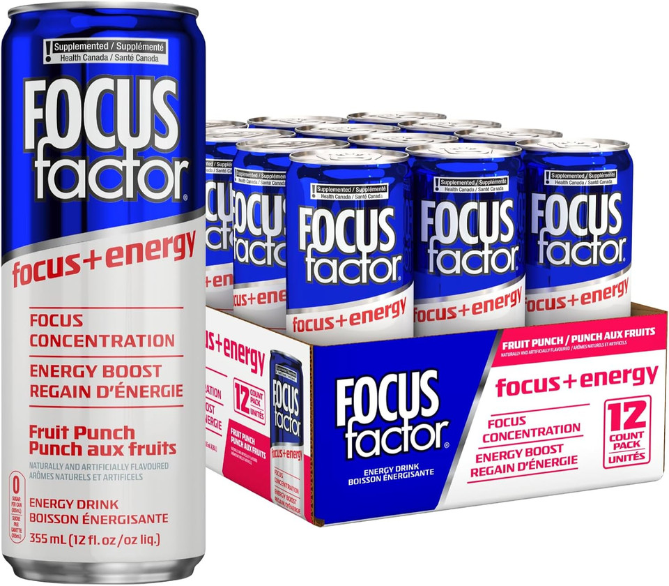 Focus Factor Energy Drink - 12 X 355Ml Cans (Fruit Punch Flavour) - With Focus + Energy - Lightly Carbonated, Sugar Free, Low Calorie With Vitamin B6 & Vitamin B12