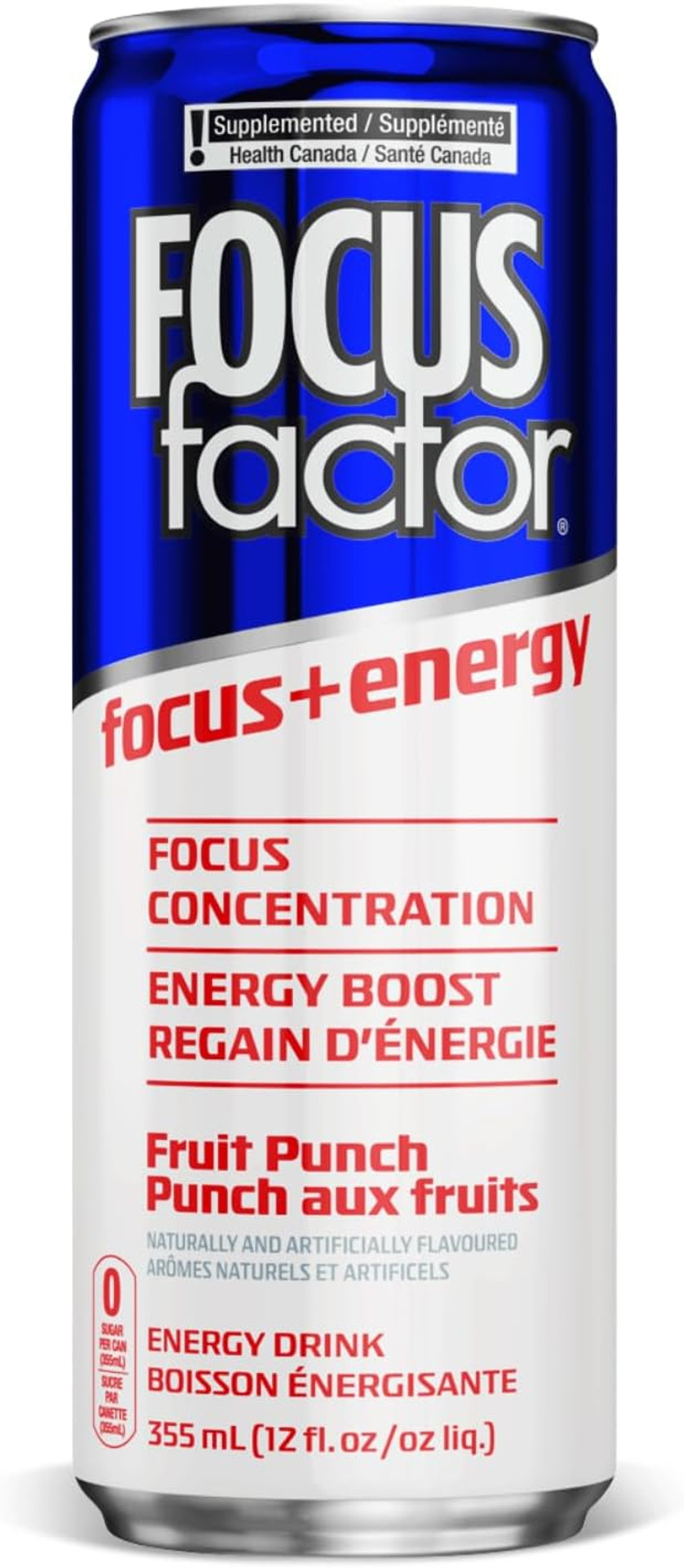 Focus Factor Energy Drink - 12 X 355Ml Cans (Fruit Punch Flavour) - With Focus + Energy - Lightly Carbonated, Sugar Free, Low Calorie With Vitamin B6 & Vitamin B12