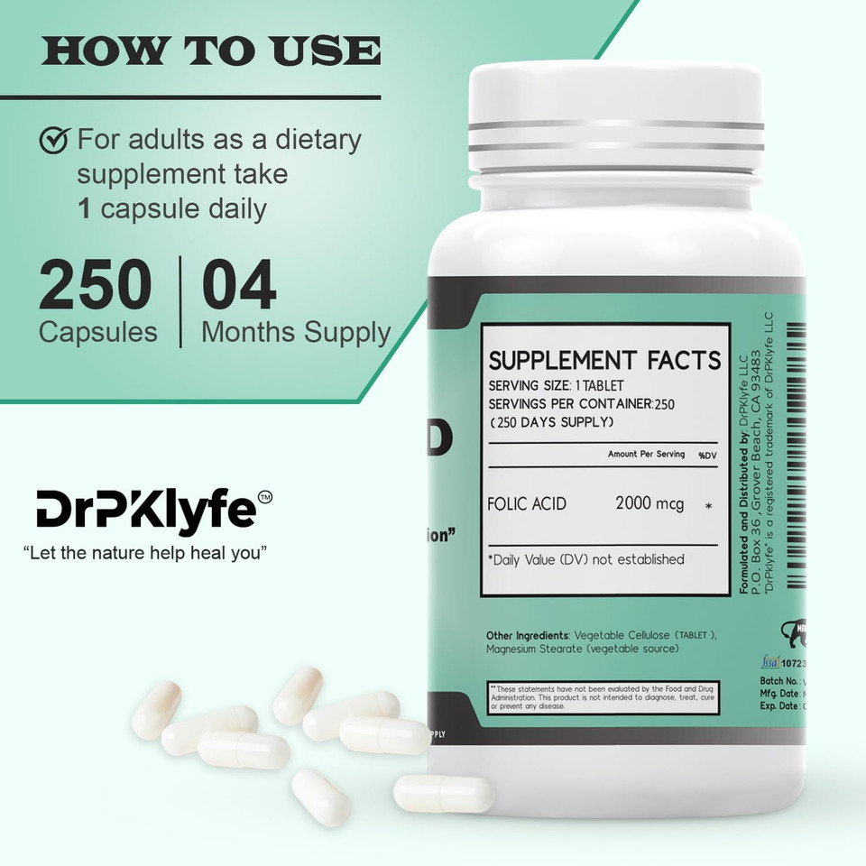 Folic Acid Tablets For Energy, Pregnancy & Nutritional Support  2000 Mcg Folate, Vitamin B9, Prenatal Formula  250 Tablets (8-Month Supply)