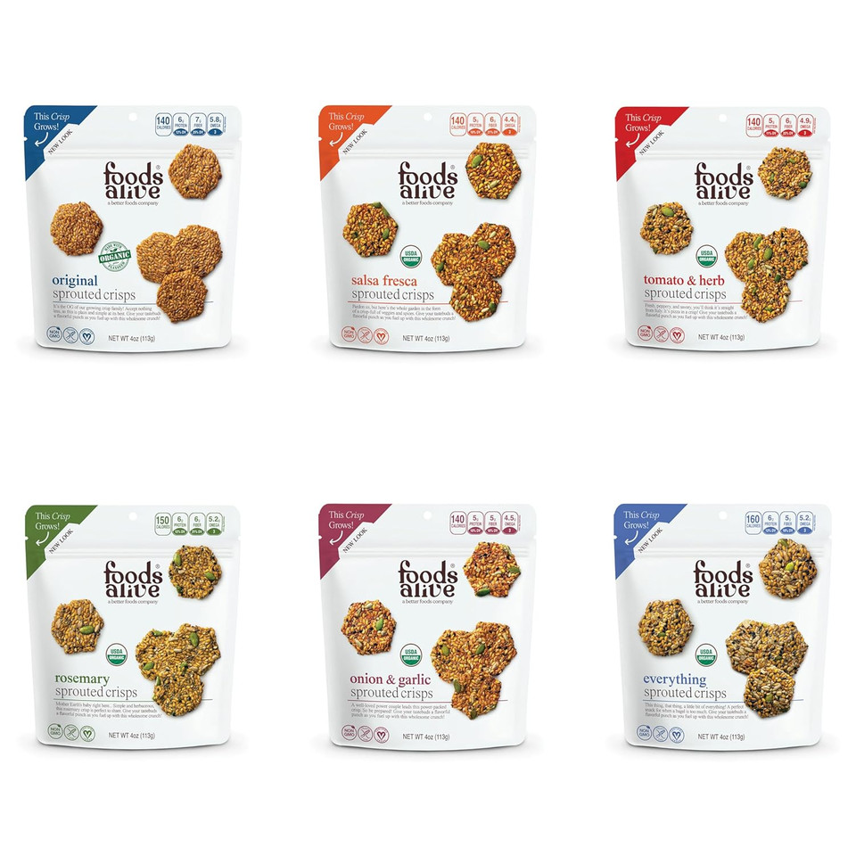 Foods Alive Savory Organic Sprouted Crisps Bundle (6 Flavors), 4Oz Gluten Free Snack Crackers