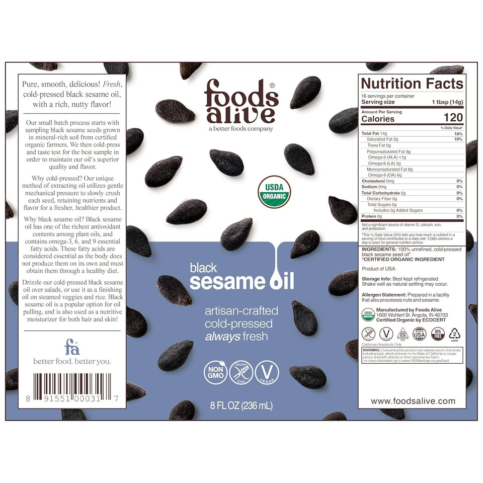 Foods Alive Usda Organic Black Sesame Seed Oil, Artisan Cold-Pressed, Non-Gmo, Vegan, Gluten Free, Kosher, 8 Oz Liquid