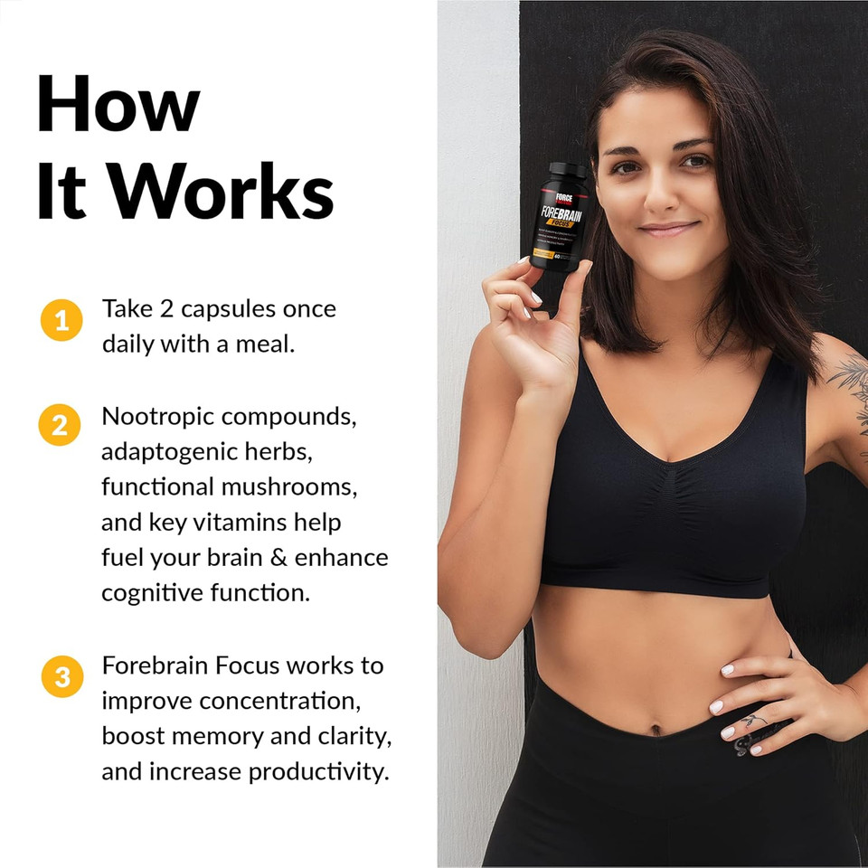 Force Factor Forebrain Focus Brain Booster, Brain Supplement To Boost Clarity & Concentration, Improve Memory & Increase Productivity, Nootropic Brain Support Supplement, 180 Capsules, Black