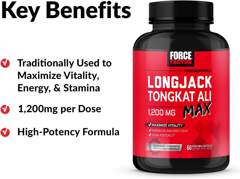 Force Factor Longjack Tongkat Ali 500Mg For MenS Hormones, Promote Male Energy, Vitality & Drive, Support Muscle & Strength, Longjack Capsules With Bioperine Black Pepper Extract, 30 Capsules